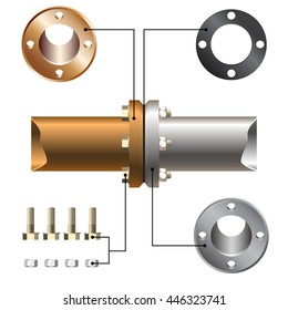 Illustration pipeline and flanges connection. Realistic pipeline details isolated on white background. Technical drawing pipeline and flanges.