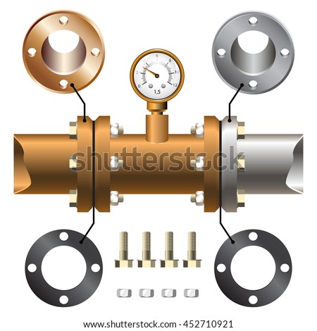 Illustration pipeline and flanges connection. Realistic pipeline details isolated on white background. Technical drawing pipeline, manometer and flanges.