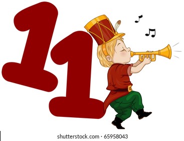 Illustration of a Piper Playing His Pipe Beside a Number Eleven