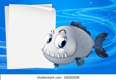 Illustration of a piranha beside an empty signage under the sea