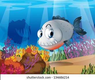 Illustration of a piranha near the coral reefs