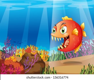 Illustration of a piranha in the sea with corals