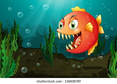 Illustration of a piranha under the sea with seaweeds