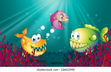 Illustration of the piranhas under the sea with corals