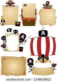 Illustration of Pirate Banners with Space for Text with Ships, Skull, Treasure Chest, Skeletons, Blank Map and Frame