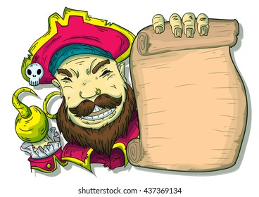 Illustration of a Pirate Beside a Scroll. Vector background.