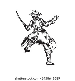 illustration of a pirate brandishing a sword to fight. He wore typical pirate attributes and hat. This illustration uses a perspective from behind the pirate figure.