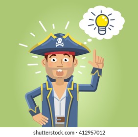 Illustration of a pirate captain pointing to an idea light bulb. Surprised pirate pointing up. Emotional face, emoticon, emoji, facial expression. Flat style vector illustration
