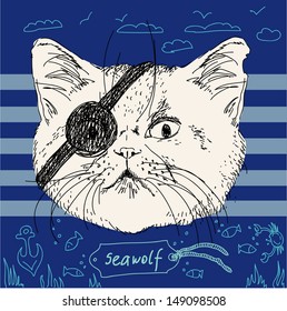 Illustration of pirate cat on blue background in vector