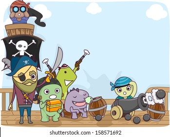 Illustration of a Pirate Crew Composed of Cute Little Monsters Standing on the Deck of the Ship