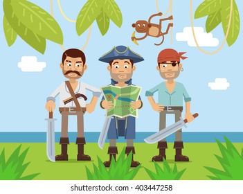 Illustration of a pirate crew on a treasure island. Pirate captain reading a map. Treasure search. Pirate treasure theme. Flat style vector illustration