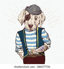 Illustration of pirate dog on blue background in vector
