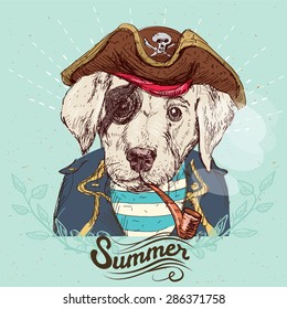 Illustration of pirate dog on blue background in vector