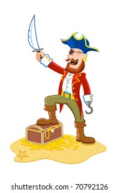 illustration of pirate holding sword keeping leg on treasure chest