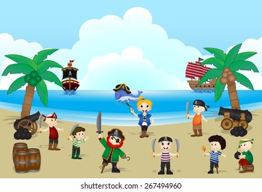 Illustration of Pirate kids on beach