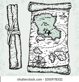 Illustration of a pirate map concept. Ancient pirate map with texture