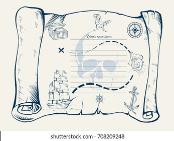 Illustration of a pirate map concept. Treasure map. Hand drawn vector illustration.