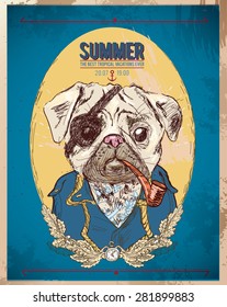 Illustration of pirate pug dog on blue background in vector