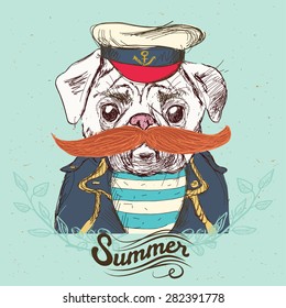 Illustration of pirate pug dog on blue background in vector