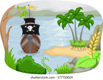 Illustration of a Pirate Ship Approaching an Island