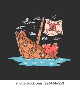 illustration of pirate ship burning and sinking.nice design for t-shirt printing