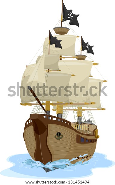 Illustration Pirate Ship Sailing On Water Stock Vector (Royalty Free ...