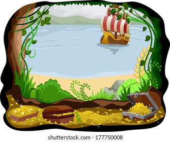 Illustration of a Pirate Ship Visible from a Cave Filled with Treasure
