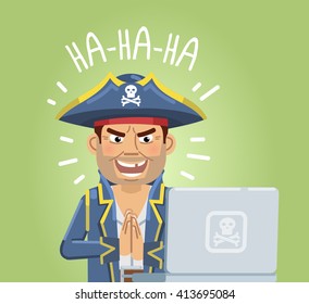 Illustration of a pirate sitting with laptop and rubbing his hands. Modern internet piracy concept, hacker. Happy pirate celebrating successful hacking. Flat style vector illustration