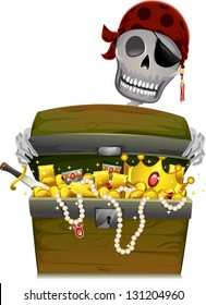 Illustration of a Pirate Skeleton Opening a Treasure Chest