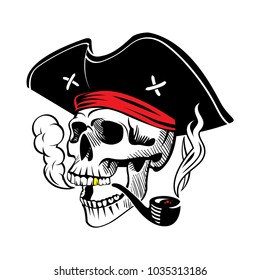 Illustration of a pirate skull in a hat with a smoking pipe