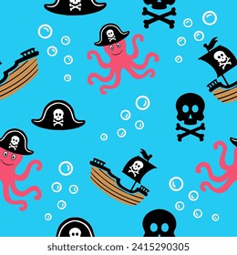 Ilustración de patrón de cráneo pirata, pulpo, sombrero pirata con personajes bonitos, diseño plano y fondo azul. Adecuado para envolver papel, manteles, ropa para niños, etc.