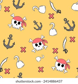 Illustration of pirate skull pattern, ship anchor, pirate hat with cute characters, flat design and yellow background. Suitable for wrapping paper, tablecloths, children's cloth, etc