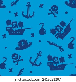 Illustration of pirate skull pattern, ship, sword, pirate hat with cute characters, flat design and blue background. Suitable for wrapping paper, tablecloths, children's clothes, etc