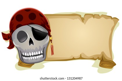 Illustration of a Pirate Skull Standing Beside a Blank Banner