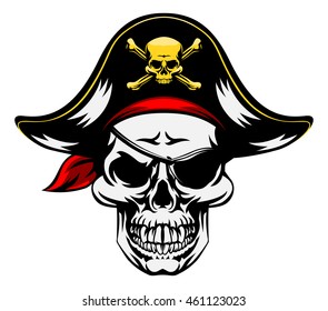 An illustration of a pirate Skull wearing a pirate captains hat and an eye patch