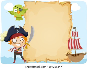 Illustration Of A Pirate Standing Beside An Unrolled Scroll