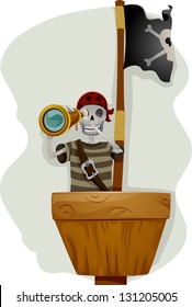 Illustration of a Pirate Standing in the Crow's Nest of the Ship and Holding a Telescope