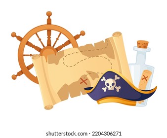 Illustration of pirate theme with treasure map hat and helm vector illustration isolated on white background