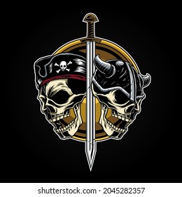 Illustration of a pirate and viking skulls separated by a sword