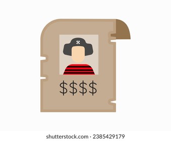 Illustration of pirate wanted poster. Pirate flat vector collection isolated on white background. Pirate game icon. 