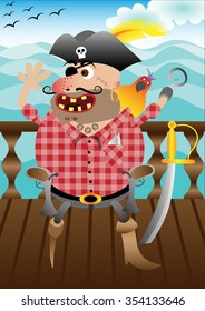 Illustration of the pirate waving hand on the ship