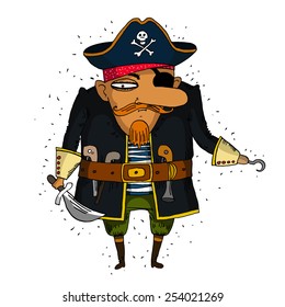 Illustration of a pirate without a hands standing on a white background