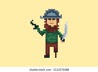 Illustration of a pirate with wooden leg, steel hook and cocked hat in pixel art style