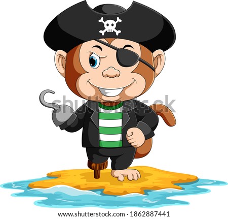 The illustration of the pirates monkey with only one eye is standing with only one leg in the island