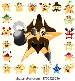 Illustration of Pirates Star Emoji. Yellow Gradient combine color. Stock Vector Icon. Light Background.