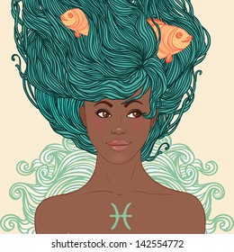 Illustration of Pisces astrological sign as a beautiful African American girl. Zodiac vector illustration isolated on white. Future telling, horoscope, alchemy, spirituality, fashion black woman.