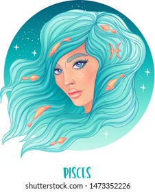 Illustration of Pisces astrological sign as a beautiful girl. Zodiac vector illustration isolated on white. Future telling, horoscope, alchemy, spirituality, occultism, fashion woman.