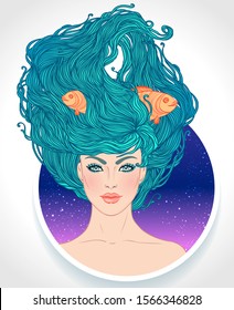 Illustration of Pisces astrological sign as a beautiful girl. Zodiac vector illustration isolated on white. Future telling, horoscope, alchemy, spirituality, occultism, fashion woman.