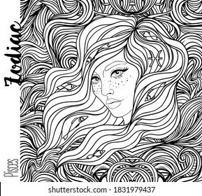 Illustration of Pisces astrological sign as a beautiful girl. Zodiac vector drawing isolated in black and white. Future telling, horoscope, alchemy, spirituality. Coloring book for adults.