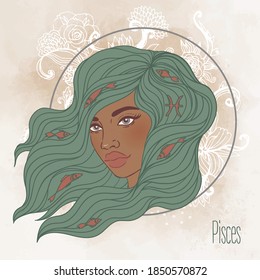 Illustration of Pisces astrological sign as a beautiful African American girl. Zodiac vector illustration isolated on white. Future telling, horoscope, alchemy, spirituality, fashion black woman.